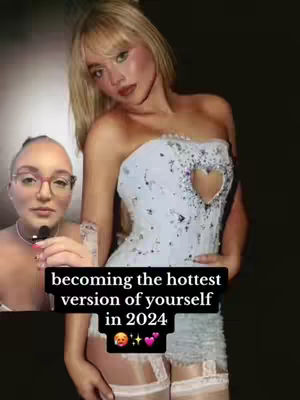 The cover image features a woman in a light blue strapless corset with a heart-shaped cutout, standing in front of what appears to be a dark background. In the top left corner, there's a smaller image of a woman speaking, likely the video creator. Text overlayed on the image states, "becoming the hottest version of yourself in 2024".