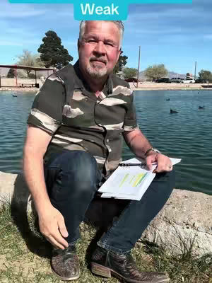 A middle-aged man sits by a lake, smiling and holding papers. He wears a patterned shirt and jeans. The background features trees and a sunny sky.