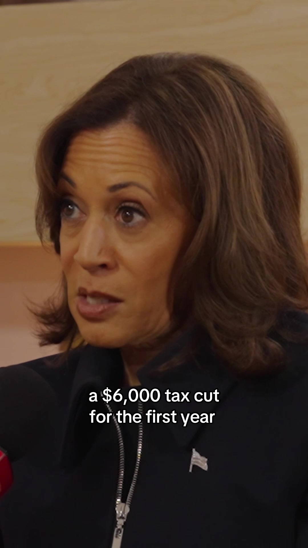 A medium shot shows a woman, likely in a news or interview setting, with text overlayed on the image. The woman is looking slightly to the side facing the camera, wearing a black jacket over a black top, with a small flag pin on her lapel. The background is a neutral color. The text overlay reads '$6,000 tax cut for the first year'.