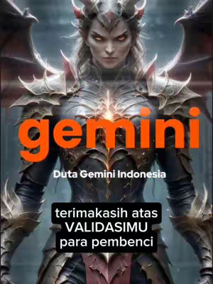 The image features a woman in dark armor, a prominent orange 'gemini' text overlay, and additional text at the bottom. The background is a blurry, possibly fantastical setting. The woman has a stern expression, with the color choices leaning towards a dark and intense aesthetic.