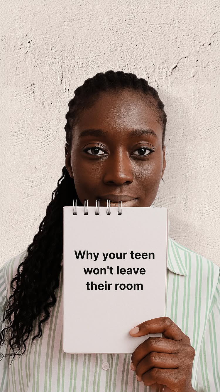 A close-up shot features a dark-skinned woman holding a white notepad with "Why your teen won't leave their room" written on it. She is centered with the notepad covering her mouth and part of her face. The background is a textured, light-beige wall. She wears a striped, light-green shirt, and her dark hair, styled with small braids, flows over her shoulder. The overall composition suggests a focus on the message about teens and their room habits.