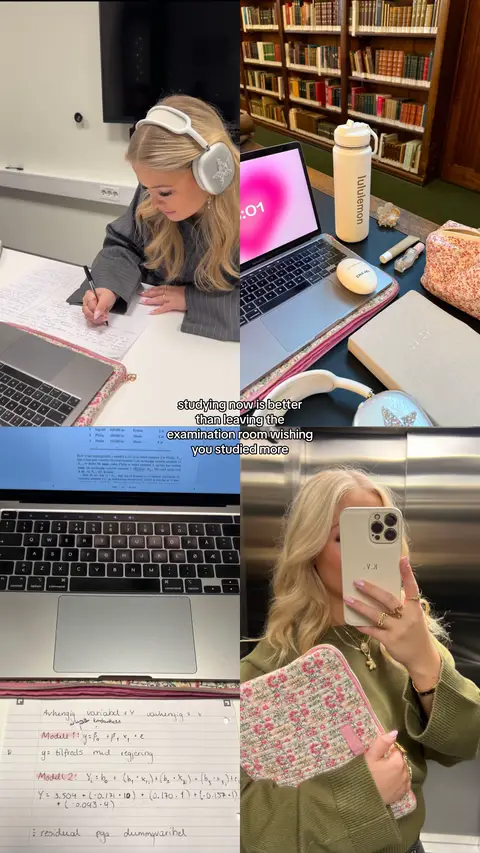 The cover image is a collage of self-shot photos. One shows a young woman studying at a desk with a laptop, headphones, and a water bottle against a library background. A text overlay reads "studying now is better than leaving the examination room wishing you studied more." Another photo shows the same woman taking a selfie, while in the last photo, she's in an elevator holding a laptop case and a phone with the letter "V.X.". The color scheme is dominated by neutral tones and light colors.