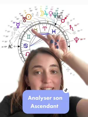 A woman with auburn hair gestures towards a circular astrological chart that sits behind her, with signs and symbols indicating star signs, planets and houses. Below her, a blue bar displays the text: 'Analyser son Ascendant'.