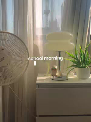 The image captures a bright, sunlit room featuring a window with sheer curtains, a white dresser, and a standing fan. On the dresser, there's a decorative lamp, a small figurine, and a potted plant. The text overlay reads 'school morning'. The overall composition is clean and minimalistic, bathed in natural light.