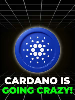 The image features a blue Cardano coin emblem against a grid background and a black to white gradient. The text overlay reads "CARDANO IS GOING CRAZY!" in white and green.