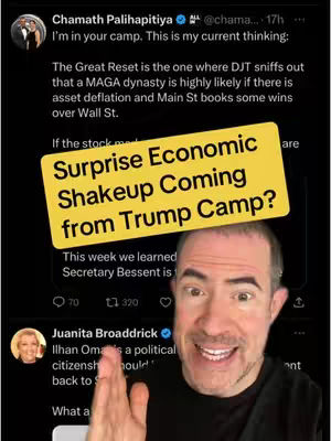 The cover image features a man with a surprised expression in focus. He is looking towards the camera, and his face takes up a significant portion of the frame. Overlayed on top of the image, in the center, is a bright yellow rectangular box with the text: 'Surprise Economic Shakeup Coming from Trump Camp?' The background appears to be a screenshot of a social media post with text and profile pictures. The overall composition is a combination of personal reaction and informational context.