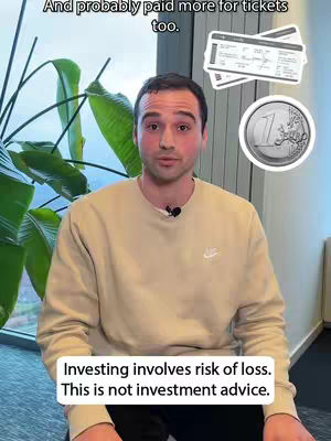 A man in a beige sweatshirt stands in front of a window with plants. He's looking at the camera, with text overlays including a question and a disclaimer about investment advice, along with graphics like a plane ticket and a coin. The overall composition is bright and casual.