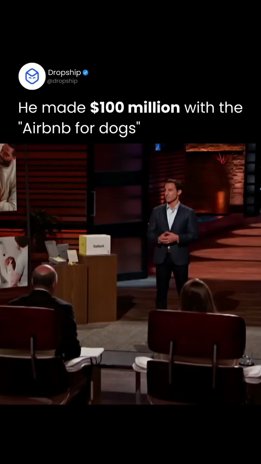 The cover image shows a man in a suit on the 'Shark Tank' set. Text overlays describe his success with the 'Airbnb for dogs' concept. The background includes other people and a table with a box labeled 'Gallant'.
