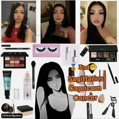 A collage-style image with multiple photos and illustrations layered together. The top row features three selfies of a woman, each from a different angle and with different expressions and attire. Below, various makeup products are arranged. In the lower right corner, there is an illustration of a woman with long black hair. In the middle of the collage, a text overlay contains the words "3rd Sagittarius Capricorn Cancer."
