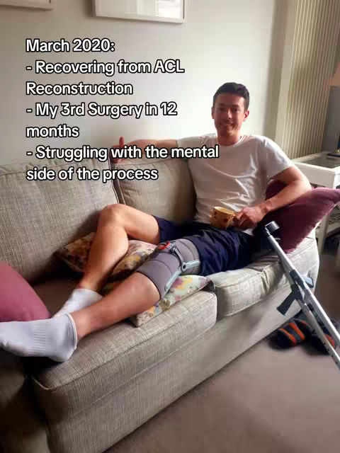 A man sits on a sofa with a leg brace, holding a cup. Text overlays list details about his ACL recovery, indicating it is March 2020 and he’s struggling mentally.