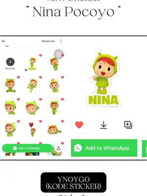 The cover image shows a screenshot of a mobile app interface. The main focus is on a character from the animated series Pocoyo, designed as a sticker. The app interface is laid out with various sticker options, each represented as an image with a transparent background. In the center is a cartoon character wearing a green costume. The visual style employs bright colors, a simple background, and cartoon aesthetics to draw attention to the sticker.