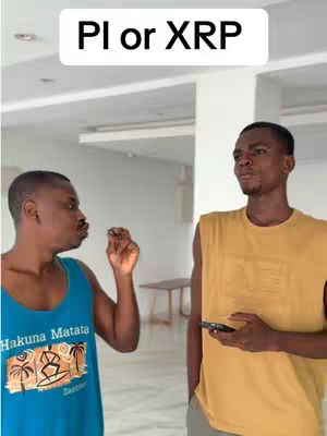 Two men are in a brightly lit room, near a table. The text overlay, in a white rectangle, addresses the audience with "PI or XRP". The man on the left, wearing a blue tank top with a graphic, is holding a small object up to his mouth, as if offering it to the viewer. The man on the right is holding a phone with another hand in yellow shirt, looking at the man on the left. The room appears to be a white-walled interior.