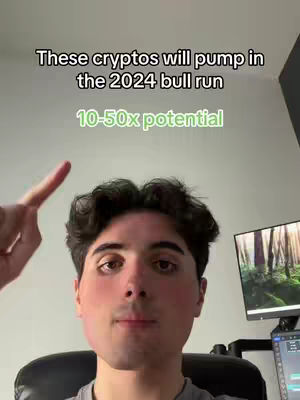 A young man with dark hair points upwards with his right index finger. Text overlays at the top read, "These cryptos will pump in the 2024 bull run" and below it, "10-50x potential" in green font. The background includes a computer monitor displaying a nature scene and other tech equipment.