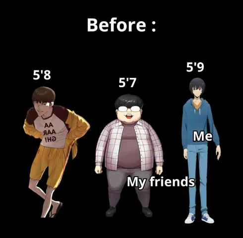 Image showing AI anime style characters with comparative height, demonstrating before taller and after taller versions, presented with the words "Before" and the height measurements 5'8, 5'7, and 5'9, labeled "Me", "My friends".