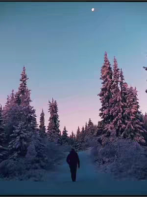 A serene winter landscape featuring a path winding through snow-covered trees. A solitary figure walks away from the viewer. The sky transitions from a soft blue to a pinkish hue at the horizon, and there's a crescent moon near the top.