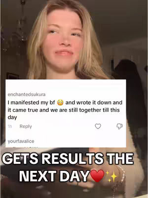 A young woman with long blonde hair is the central figure, positioned against a softly blurred background. She has a slightly uncertain expression, and the composition primarily focuses on her upper body. Below her, a white box contains text from a social media post. The words 'GETS RESULTS THE NEXT DAY' are prominent over the woman's chest, adorned with a red heart and sparkle emojis.