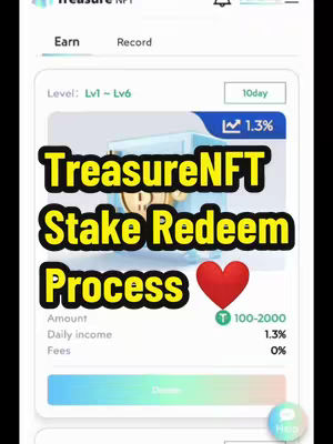 The cover image presents a mobile app interface showcasing the "TreasureNFT Stake Redeem Process." Centered within a white frame is a vibrant, yellow text overlay with bold, outlined text. The app's interface is visible behind the overlay with some elements highlighted, like a heart emoji. The background of the app is in shades of teal and white with some colorful features. The composition is clean with a clear focus on the key message, aiming to attract attention to the app's process.
