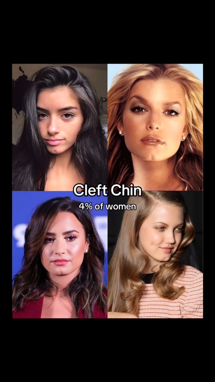 The cover image is a four-panel grid displaying individual photos of four different women. Each woman is a close-up image of their face. In the center, there is text that reads 'Cleft Chin' above '4% of women'. The overall aesthetic is simple, with a black background.
