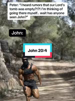 A muscular man in athletic attire runs through a wooded area. Overlaid text boxes with text and a bible verse caption set the scene: A dialogue mentioning ‘John’ and a bible verse ‘John 20:4.
