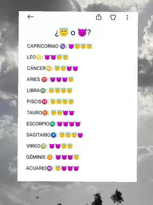 A screenshot of a phone screen with a white background showing a list of zodiac signs. Each sign is paired with emojis representing related elements like angels and devils.