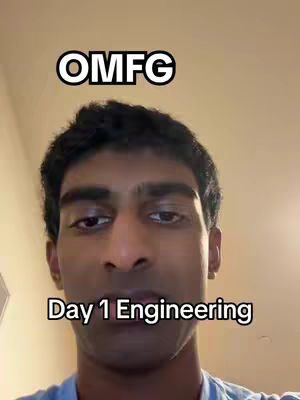 A selfie-style video cover image of a young man with dark hair, looking directly at the camera. Above his head is a white text box with the word OMFG in black letters. Below his face is a white text box with the words Day 1 Engineering written in black text.