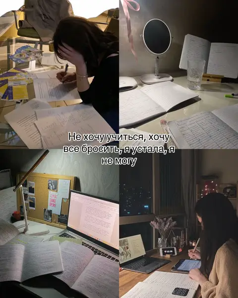A multi-image collage shows a woman at different studying setups. The first image shows her working on papers, the next reveals a tidy setup, below is a study setup on a desk with a laptop, and the final shot captures her studying at night. Text overlayed reads: 'I don't want to study, I want to drop everything, I'm tired, I cant.'