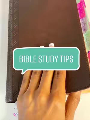 A close-up shot shows a hand with painted nails resting on a brown Bible. A speech bubble with the text "BIBLE STUDY TIPS" is overlaid on the image, and other bible on the background.