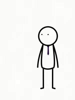 A simple, animated stick figure in a white space. The figure is a basic outline with a round head and a simple body, wearing a thin, dark purple tie. The pose is upright, slightly angled to the right, with a neutral expression.