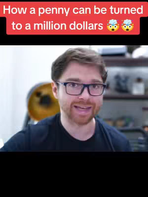The cover image shows a man with glasses looking directly at the viewer. The text overlay is a red bar with the words 'How a penny can be turned to a million dollars' and two emoji of a thinking emoji. The background is blurred, but appears to be an office setting.