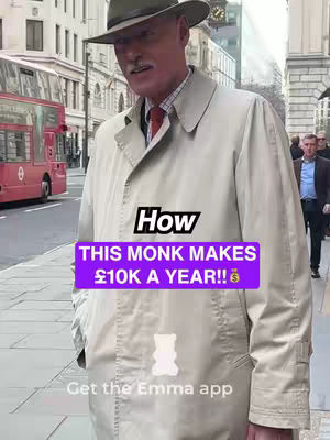 A man in a fedora and trench coat stands on a city street. Text overlays with financial themes.