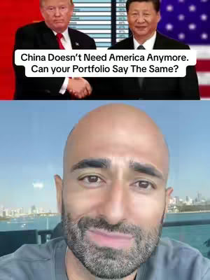 The cover image is split into two sections. The top half features a blended image of Donald Trump and Xi Jinping, set against the backdrop of the American flag and a blurred, data-filled background. The lower half shows a bald, Middle Eastern-looking man facing the viewer, with a beard and a thoughtful expression. The background is an out-of-focus setting of a sea and skyscrapers under a daytime sky.