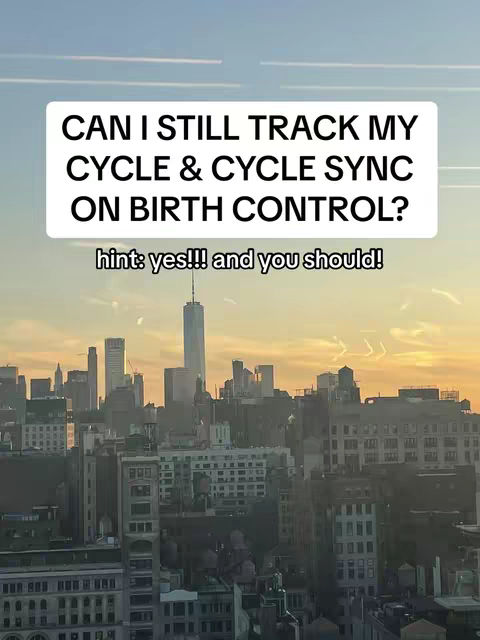The image shows a cityscape with a text box overlayed. Buildings of varying heights fill the frame, with the sun setting illuminating the sky. The text overlay is white with black text, asking a question about tracking cycles on birth control.