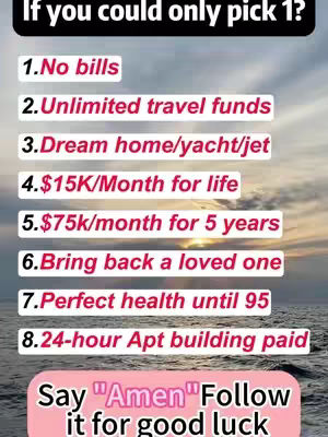 The image is a vertical graphic against a blurred sunset background. Vivid text overlays in white and red present a list of eight options, framed by black bars at the top and bottom.