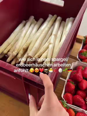The image shows a red storage container filled with bunches of white asparagus. To the right, there's a container of red strawberries. A hand with manicured nails is in the foreground. Text overlays the image.