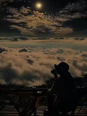 A silhouetted figure is seen from the back, gazing out at a stunning vista. The scene is dominated by layers of fluffy clouds illuminated by the glow of a full moon. The figure is seated at a table or ledge, suggesting contemplation or observation of the natural beauty. The overall composition evokes feelings of peace and wonder.