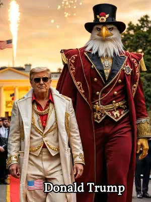 The cover image shows two figures on a red carpet. The first is a man styled to resemble former President Donald Trump, and the other is an eagle with a human-like form, wearing an elaborate outfit. The background suggests an outdoor setting, with buildings and a sunset sky visible.
