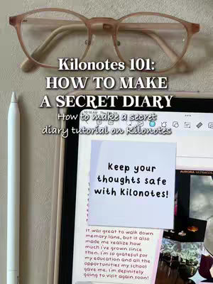 The cover image shows a close-up of a pair of stylish, light pink eyeglasses resting on top of a tablet. Below the glasses, text in a bold, white font reads "Kilonotes 101: HOW TO MAKE A SECRET DIARY."