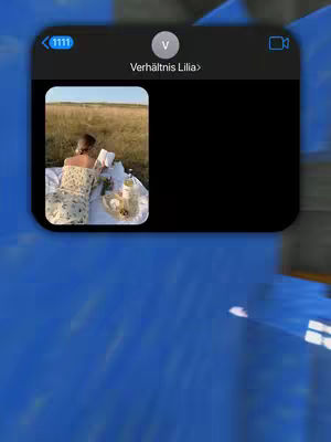 The image presents a screenshot of a mobile phone's messaging app against a blurred blue and white background. Within the screenshot, a black message bubble displays a profile image of a woman reading outdoors on a picnic. The foreground features a partially visible section of the phone's status bar, including the time (1111).