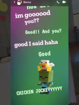The cover image displays a screenshot of a chat interface with text bubbles against a gradient background of purple, green and white. The main visual focus is on a Minecraft-inspired character. A zombie-like figure with a pixelated green body and a chicken-like head, with added text in white font.