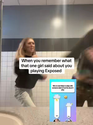 A woman is captured mid-motion, arms raised in reaction. Overlayed text is prominently displayed on the front, complemented by a poll question graphic on the right side of the image. The backdrop is a public restroom-like environment, with tiled walls.