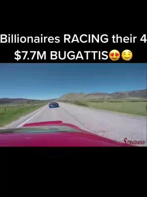 The cover image shows a road with several cars racing. Text overlay at the top states "Billionaires RACING their 4 $7.7M BUGATTIS". The camera perspective is from the inside of another car and the image has a bright, sunny look to it. A second car is visible in the distance, and background includes a bright blue sky and mountain range.