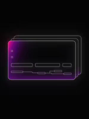 A graphic with a black background. Overlaid are several transparent rectangles slightly overlapped, each with rounded corners and a vibrant purple glow. Inside these are faint, white-line elements, suggesting icons or a software interface.