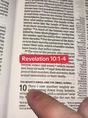 The cover image shows an open Bible with the text of Revelation 10:1-4 highlighted in a red rectangular box. A finger is pointing towards the text. The background consists of other text on the pages of the book. The page is well lit, suggesting indoor lighting.