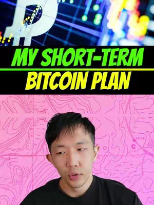 The cover image is divided into three horizontal sections. The top section features a blurred abstract design in shades of blue and white, with a Bitcoin symbol prominently displayed. The middle section has bold, green-outlined yellow text that reads, "MY SHORT-TERM BITCOIN PLAN". The bottom section contains a selfie of a man with short black hair, positioned centrally, against a pink background with light-colored, topographical map-like lines.
