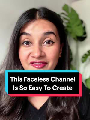 A woman with dark hair gazes directly at the camera with a slight smile. A text overlay reads, "This Faceless Channel Is So Easy To Create," set against a solid black background framed by a red border. The background includes a blurred green plant.