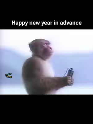 The cover image features a monkey holding a device, set against a blurred, light-blue background. Text at the top states "Happy new year in advance". A small sticker in the lower-left corner says "FOR YOU" . The monkey appears to be animated, with its facial expression.