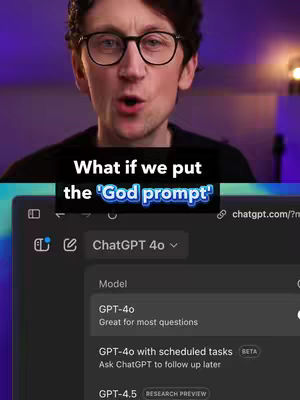 A man with glasses is speaking in front of a purple and white background. A screen from ChatGPT is shown below him with overlaid text.