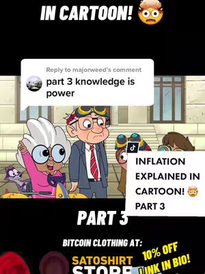 A cartoon graphic with multiple characters in a building setting. Text overlays include a title and details about the video, as well as a comment and a promotional message for Bitcoin clothing. The overall composition is intended to be informative and engaging, with a focus on presenting information in an accessible way.