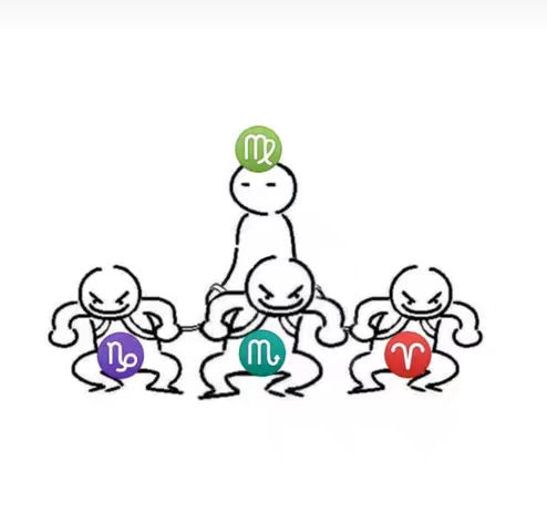 An illustration shows stick figures representing zodiac signs. Three figures are holding hands, and the figure in the middle has the Libra symbol. Above them is a Virgo figure on the top.