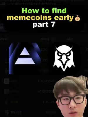 The cover photo features a dark background with the text 'How to find memecoins early part 7' in green and yellow. Two symbols are positioned below the text: a blue triangle with a white inner shape and a white owl icon. A man with glasses is visible in the bottom right corner looking up at the camera.